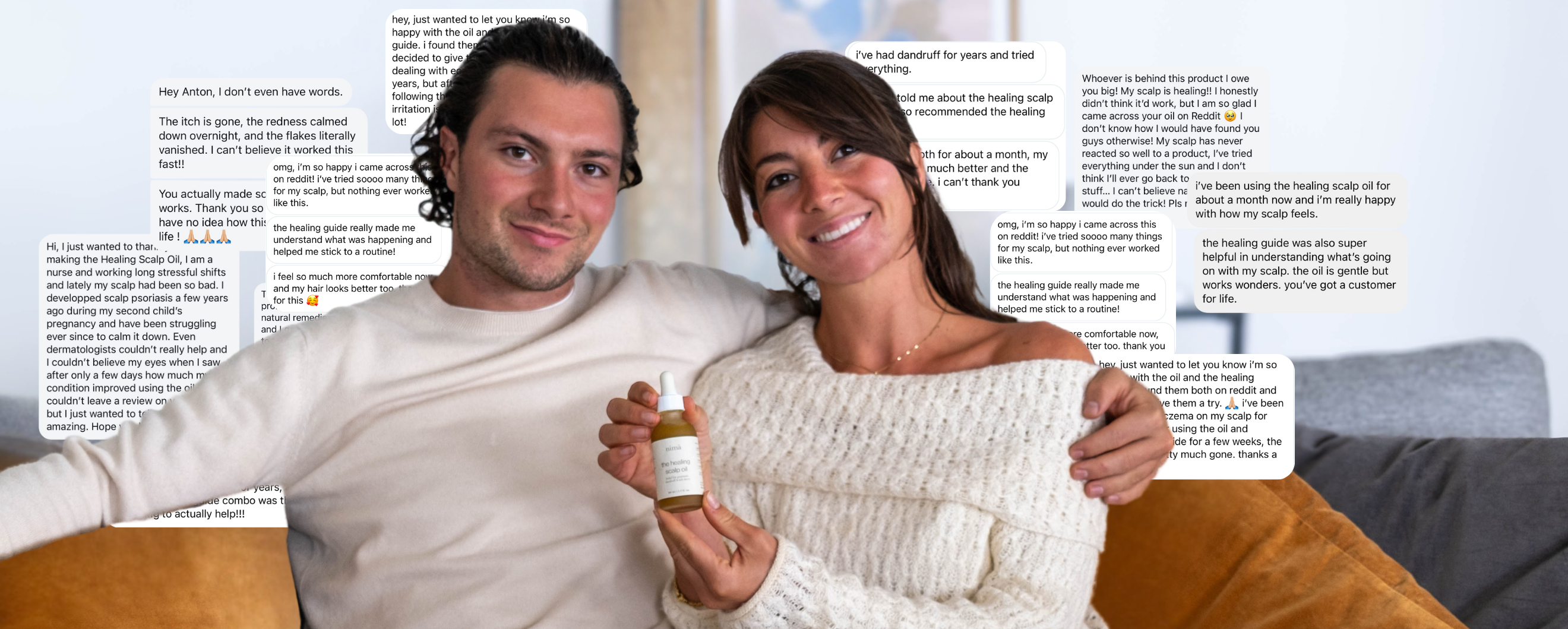 Nima Organics founders Anton and Audrey with customer testimonials for their scalp oil