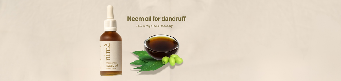 NIMÀ Organics healing scalp oil bottle beside neem leaves and a bowl of neem oil with text: neem oil for dandruff, nature’s proven natural remedy.